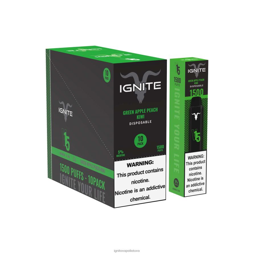 IGNITE V15 Vape rašiklis 10 vnt P2DT6101 IGNITE vape lietuva žalias obuolys persikas kivi